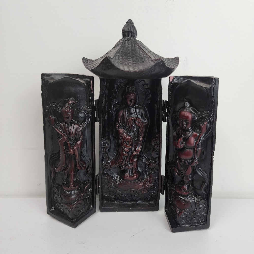 Buddhist Temple Round Spirit Carved Wood Travel Shrine Hinged Doors.